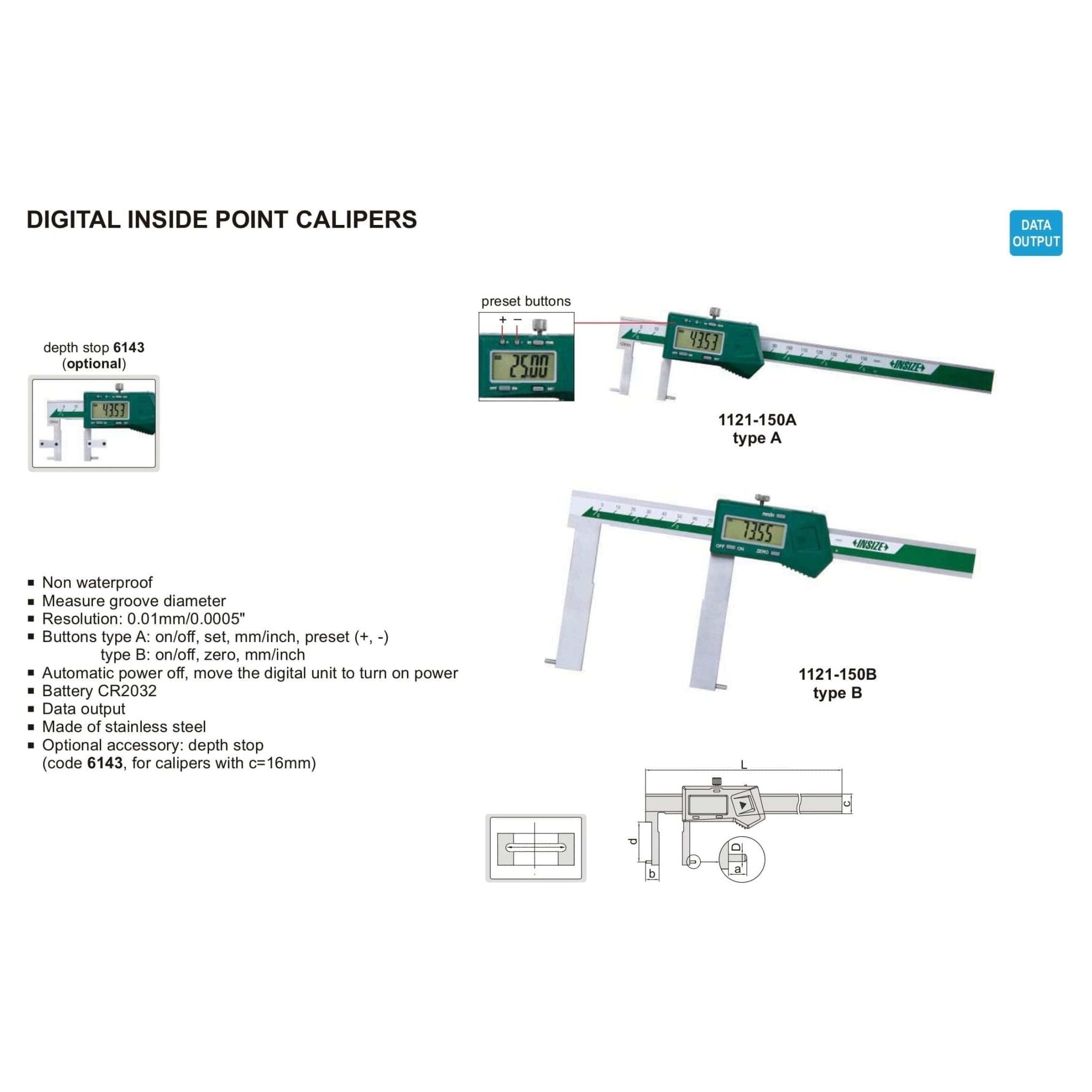 Insize Digital Inside Point Caliper 25-200mm Range Series 1121-200A - Twin Eagle Imports