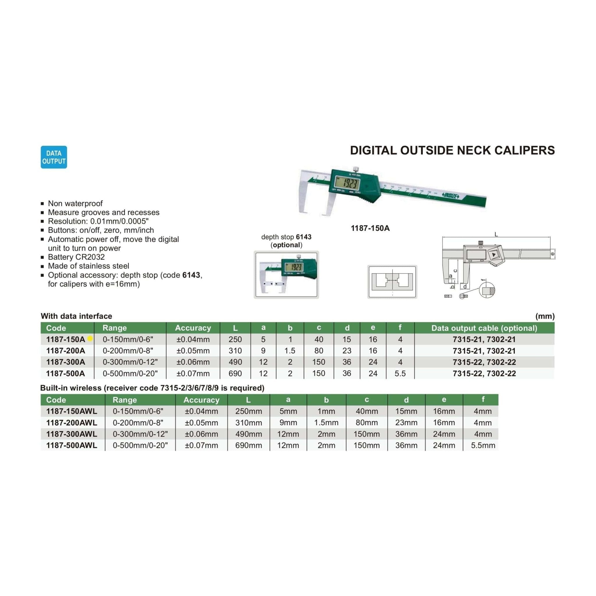 Insize Digital Neck Caliper 0-150mm/0-6" Range Series 1187-150A - Twin Eagle Imports