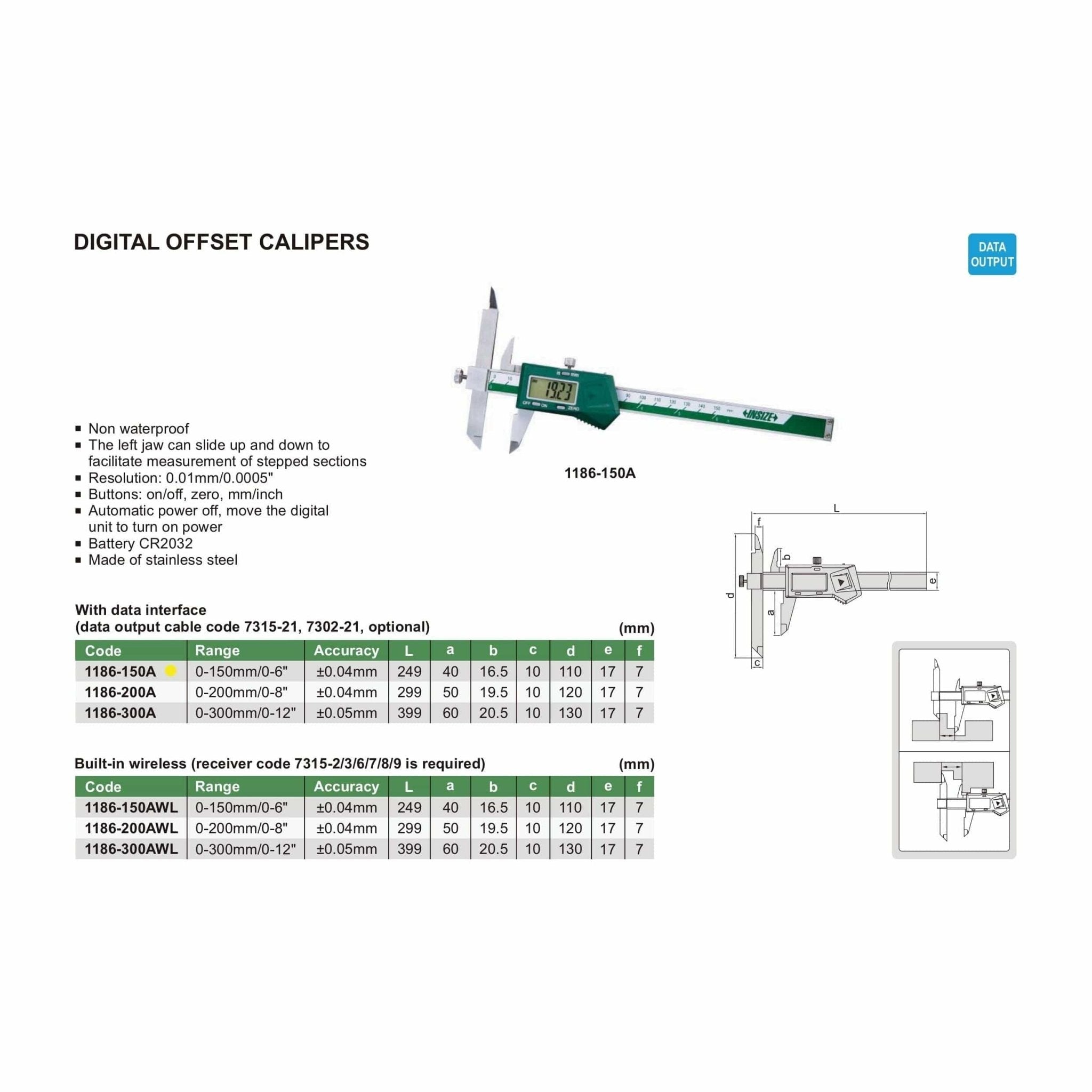 Insize Digital Offset Caliper 0-150mm/0-6" Range Series 1186-150A - Twin Eagle Imports
