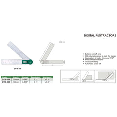 Insize Digital Protractor 200mm 0-360° Range Series 2176-200 - Twin Eagle Imports
