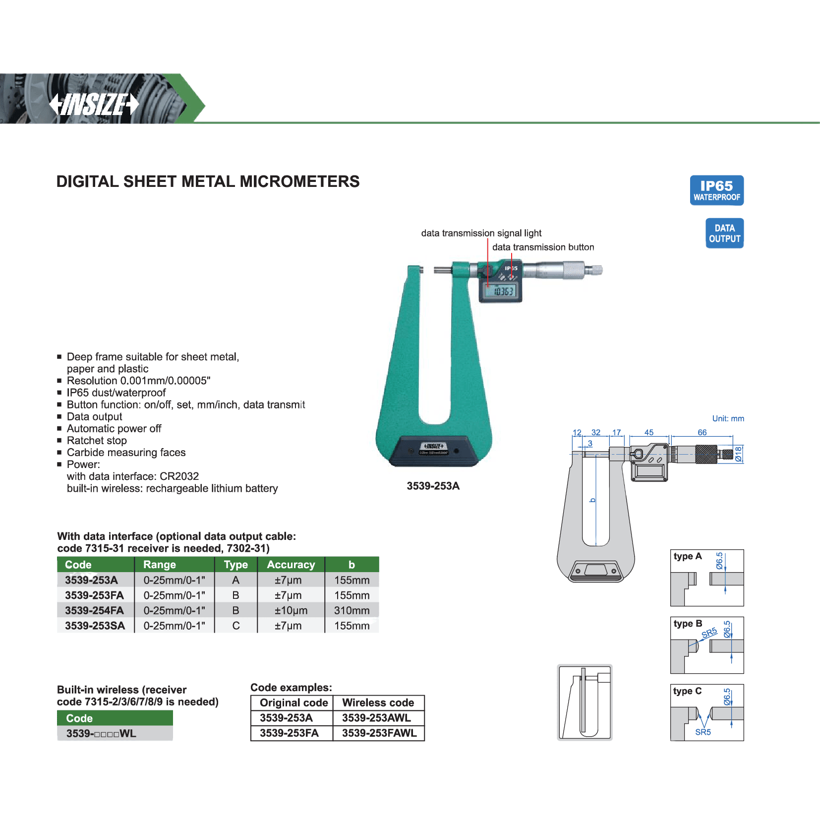 Insize Digital Sheet Metal Micrometer 0–25 mm / 0–1" Series 3539-254FA - Twin Eagle Imports