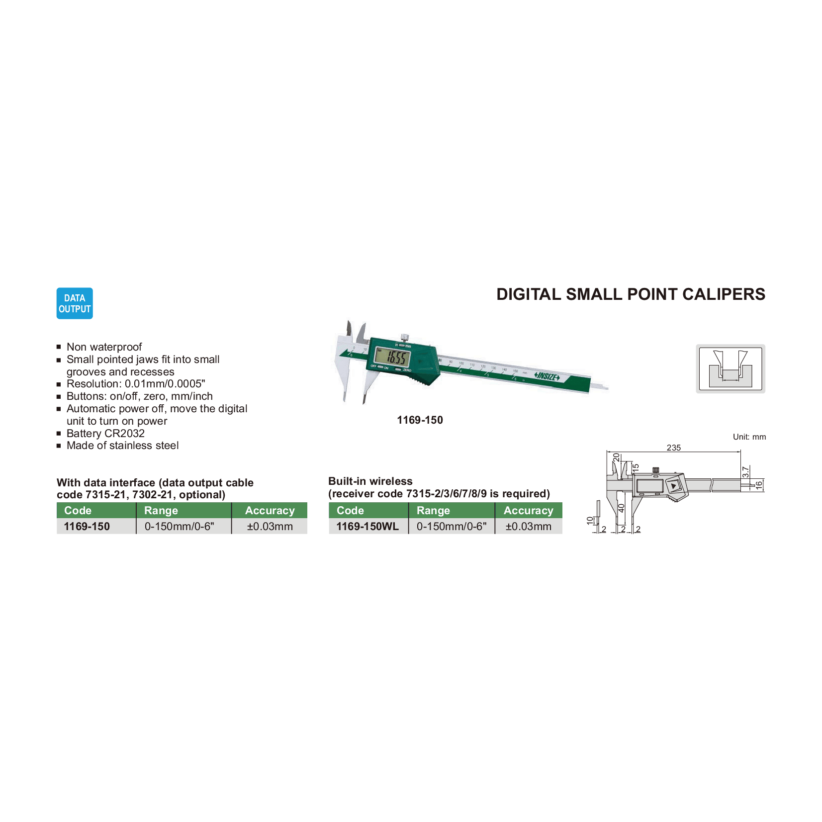 Insize Digital Small Point Caliper 0-150mm/0-6" Range Series 1169-150 - Twin Eagle Imports