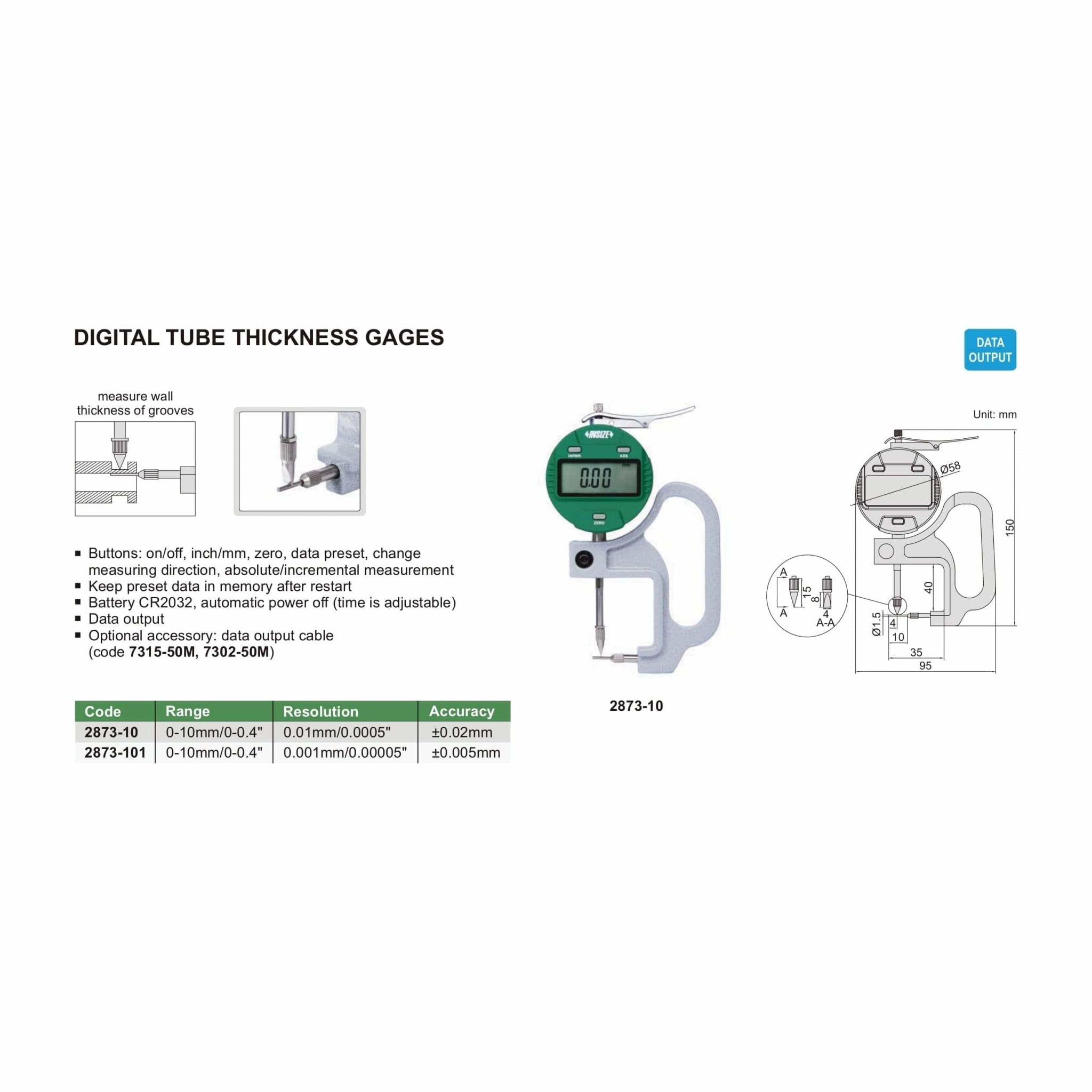 Insize Digital Thickness Gauge 0-10mm/0-0.4" Range Series 2873-10 - Twin Eagle Imports