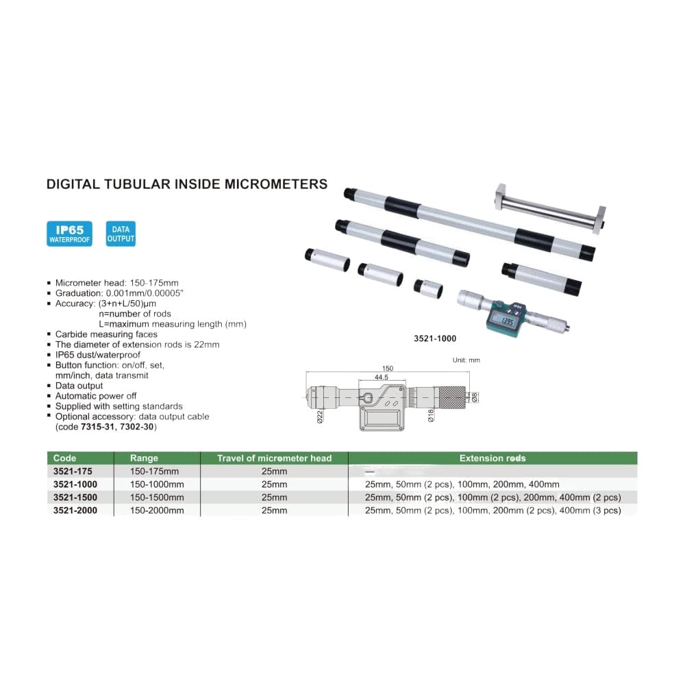Insize Digital Tubular Inside Micrometer 150–1000 mm Range Series 3521-1000 - Twin Eagle Imports