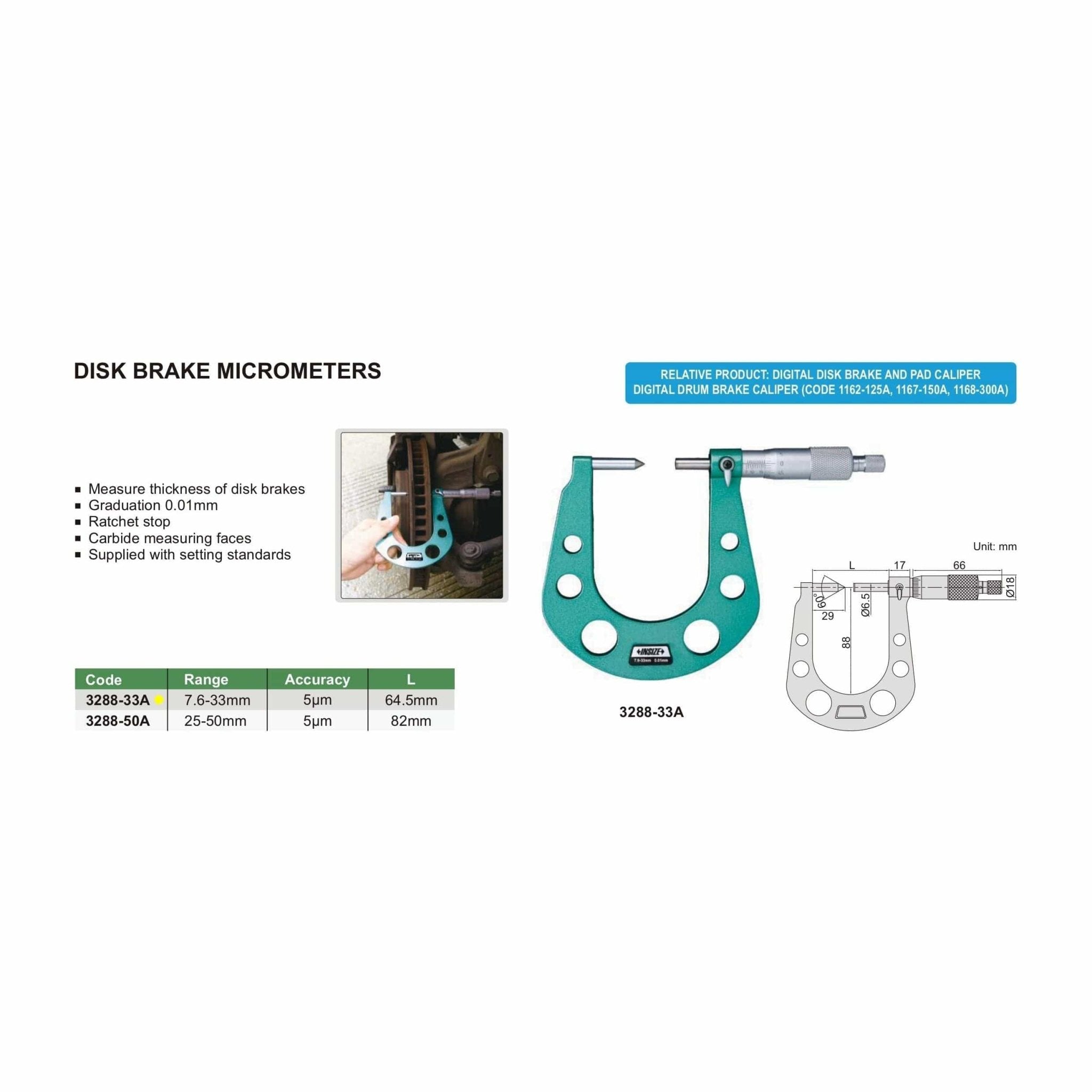 Insize Disc Brake Micrometer 7.6-33mm Range Series 3288-33A - Twin Eagle Imports