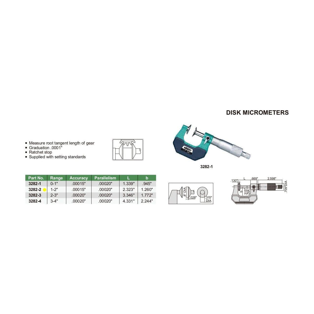 Insize Disc Micrometer 1-2" Range Series 3282-2 - Twin Eagle Imports