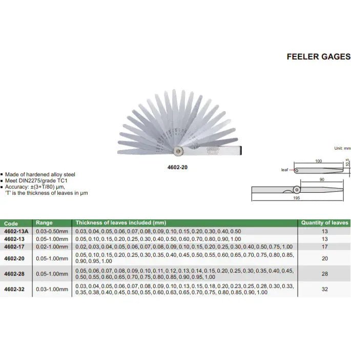 Insize Feeler Gauge 13pc Set 0.03-0.50mm Range Series 4602-13A - Twin Eagle Imports