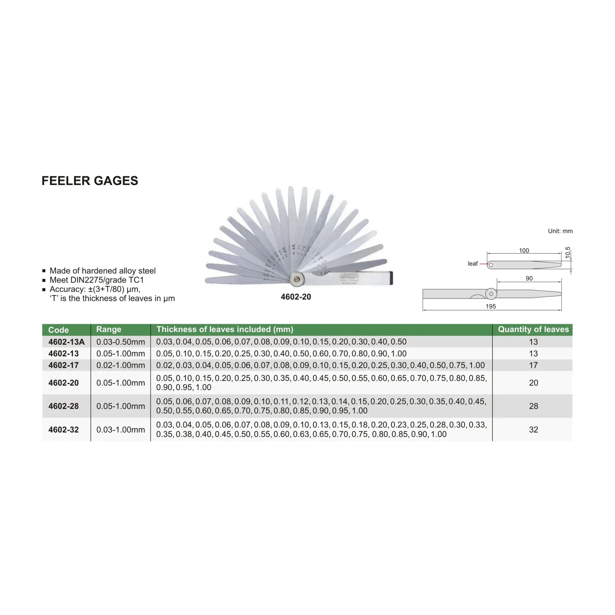 Insize Feeler Gauge 20pc Set 0.05-1mm Range Series 4602-20 - Twin Eagle Imports