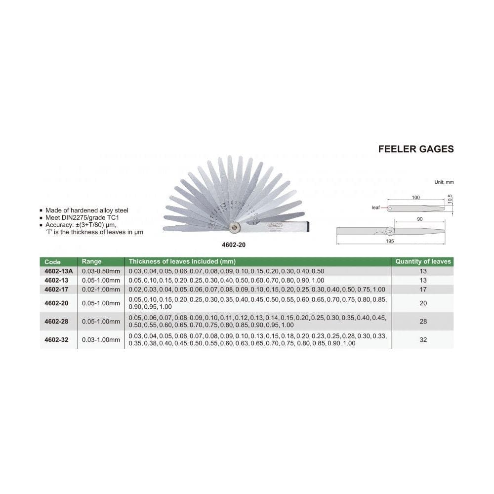 Insize Feeler Gauge 32pc Set 0.03-1mm Range Series 4602-32 - Twin Eagle Imports