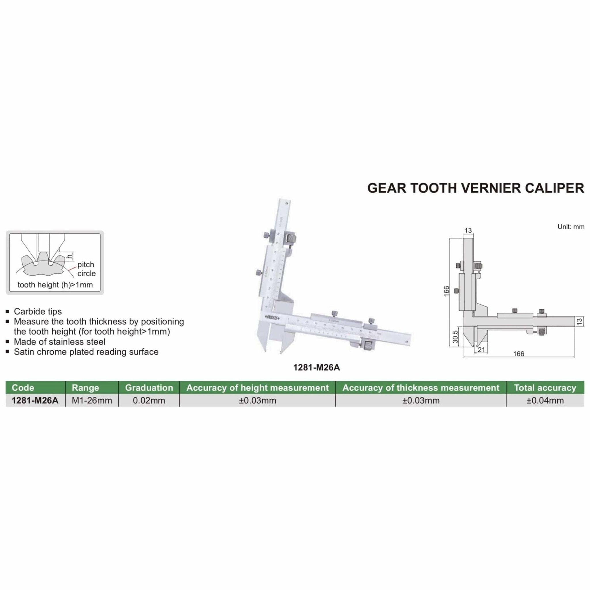 Insize Gear Tooth Vernier Caliper Range Series 1281-M26A - Twin Eagle Imports