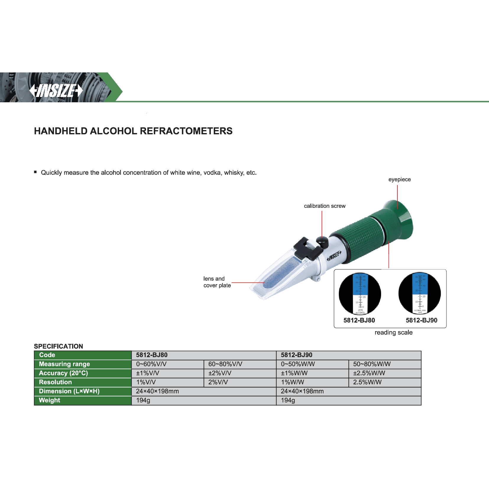 Insize Handheld Alcohol Refractometer 0–50%W/W & 50–80%W/W Series 5812-BJ90 - Twin Eagle Imports