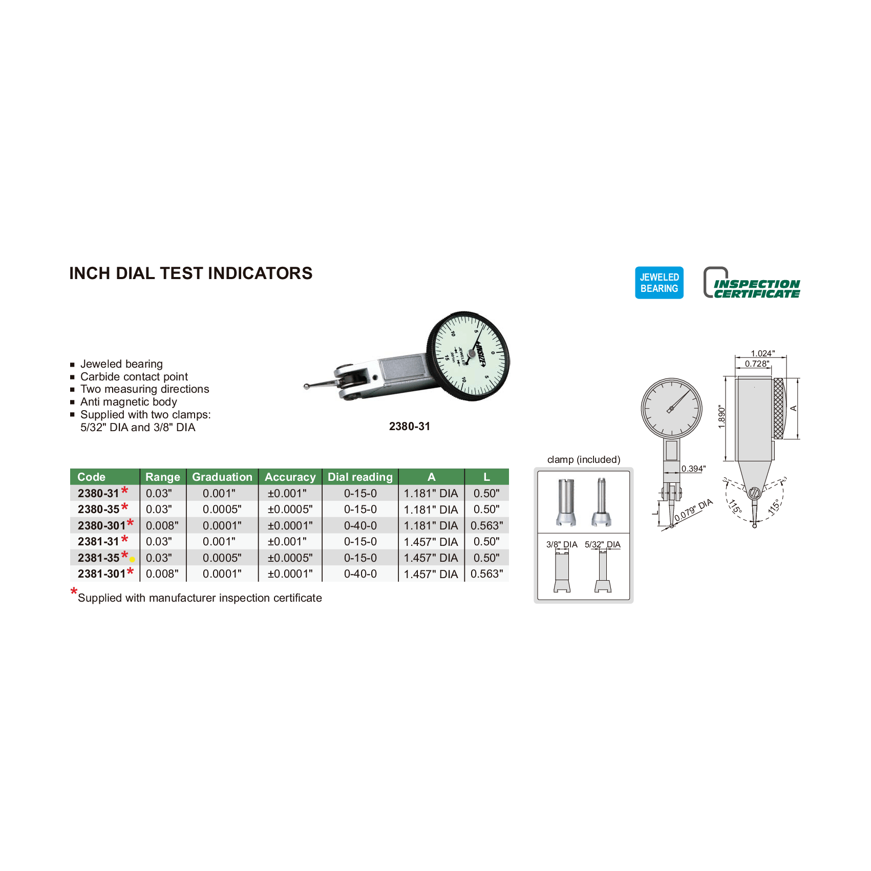 Insize Imperial Dial Indicator 0.03" Range Series 2381-35 - Twin Eagle Imports