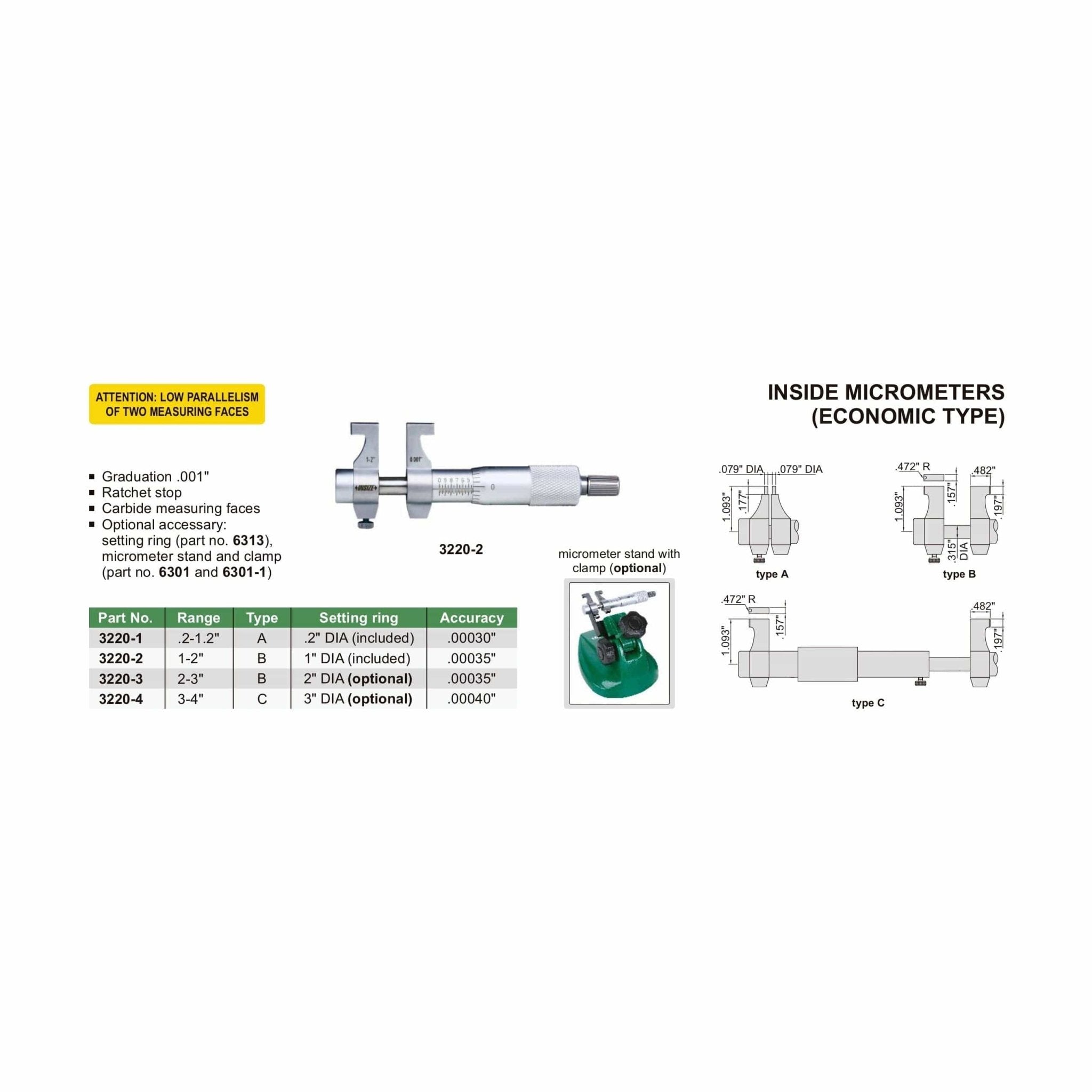 Insize Imperial Inside Micrometer 1-2" Range Series 3220-2 - Twin Eagle Imports