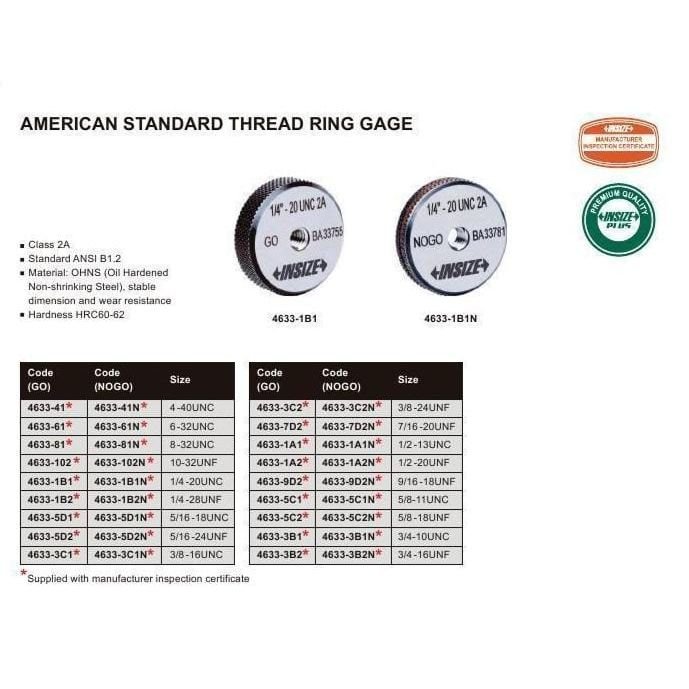 Insize Imperial Thread Ring Gauge GO 1/4-20 UNC Class 2A Series 4633-1B2 - Twin Eagle Imports