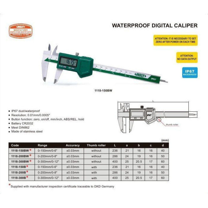 Insize IP57 Digital Caliper 0-300mm/0-12" Range Series 1118-300B