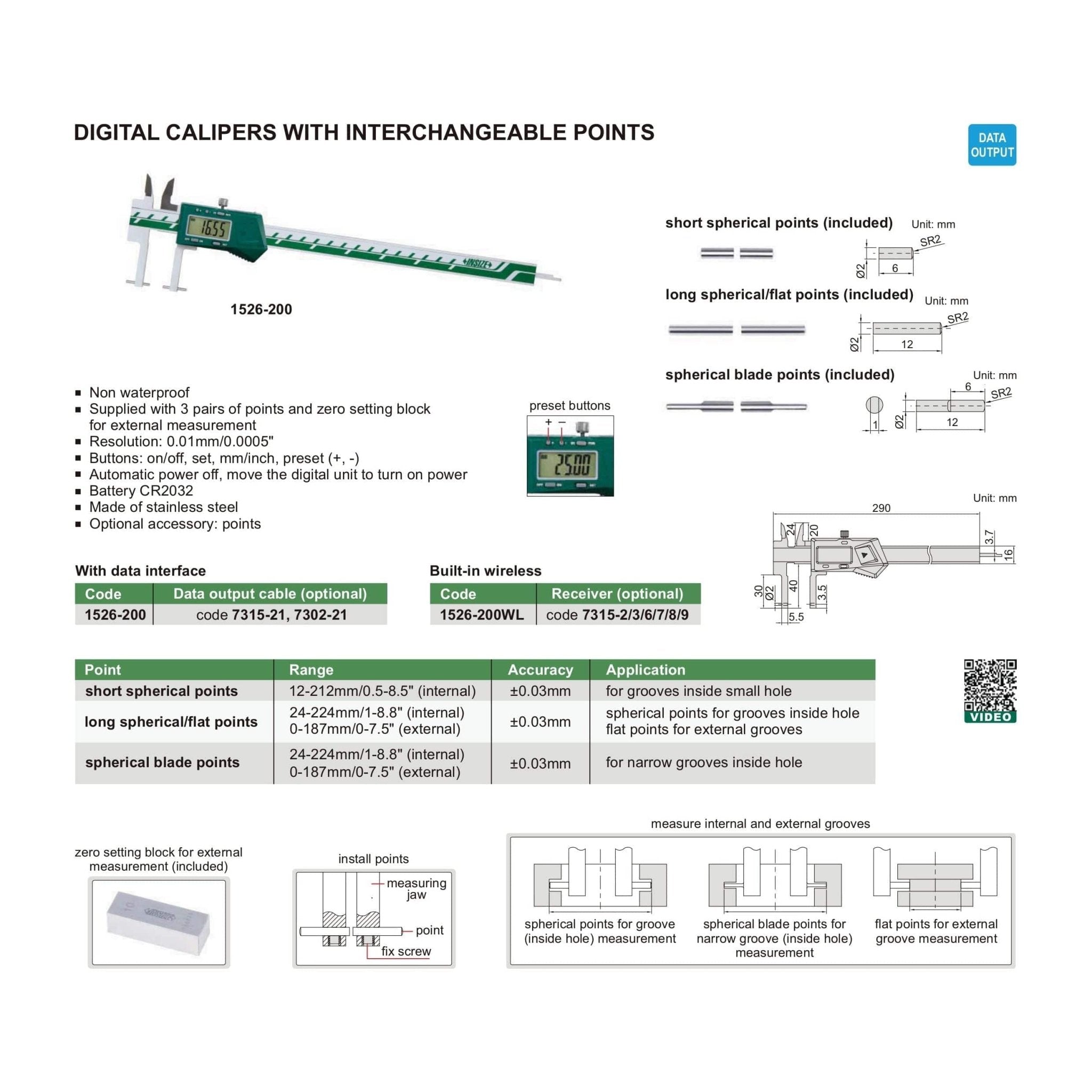 Insize Interchangeable Point Digital Caliper Range Series 1526-200 - Twin Eagle Imports