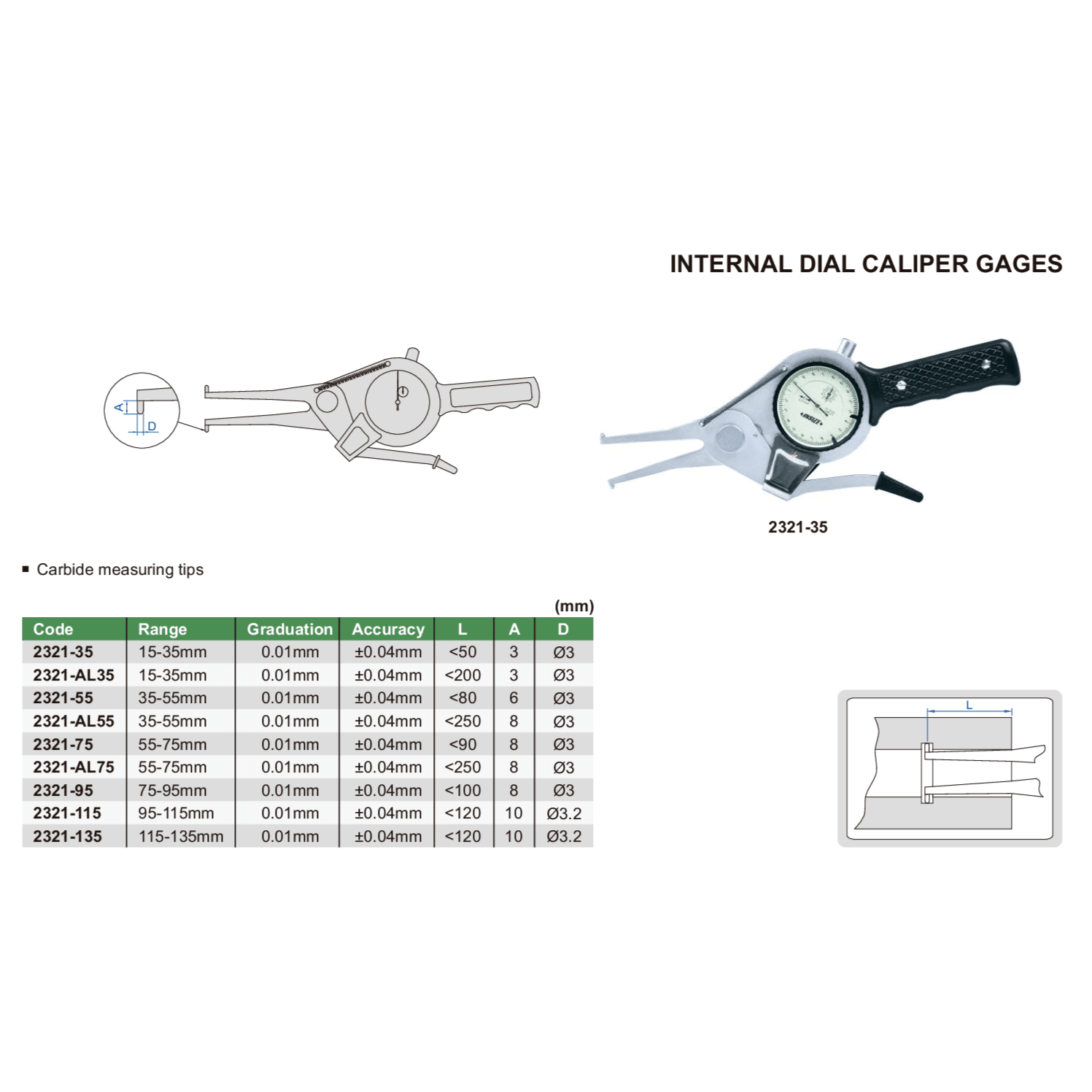Insize Internal Dial Caliper Gage Series 2321-95 - Twin Eagle Imports