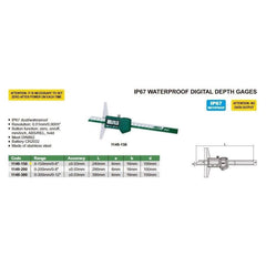 Insize IP67 Digital Depth Gauge 0-150mm / 0-6" Range Series 1149-150 - Twin Eagle Imports