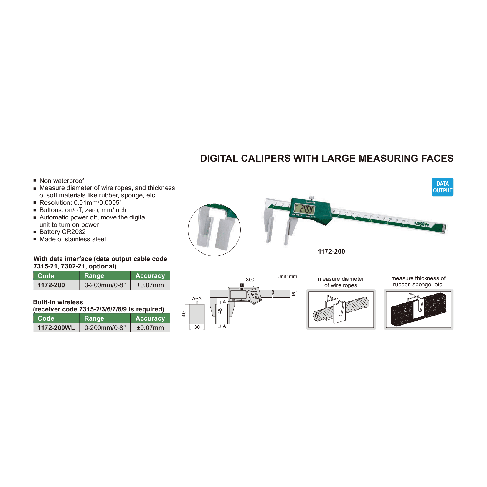 Insize Large Face Digital Caliper 0-200mm/0-8" Range Series 1172-200 - Twin Eagle Imports