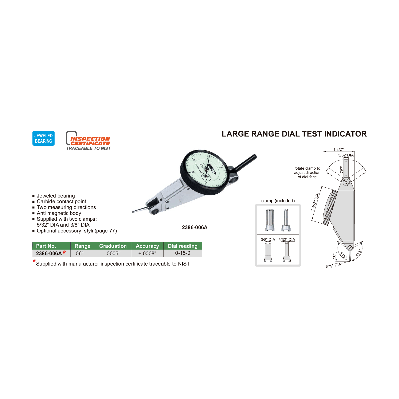 Insize Large Range Dial Test Indicator 0-0.06" x 0.0005" Range Series 2386-006A - Twin Eagle Imports