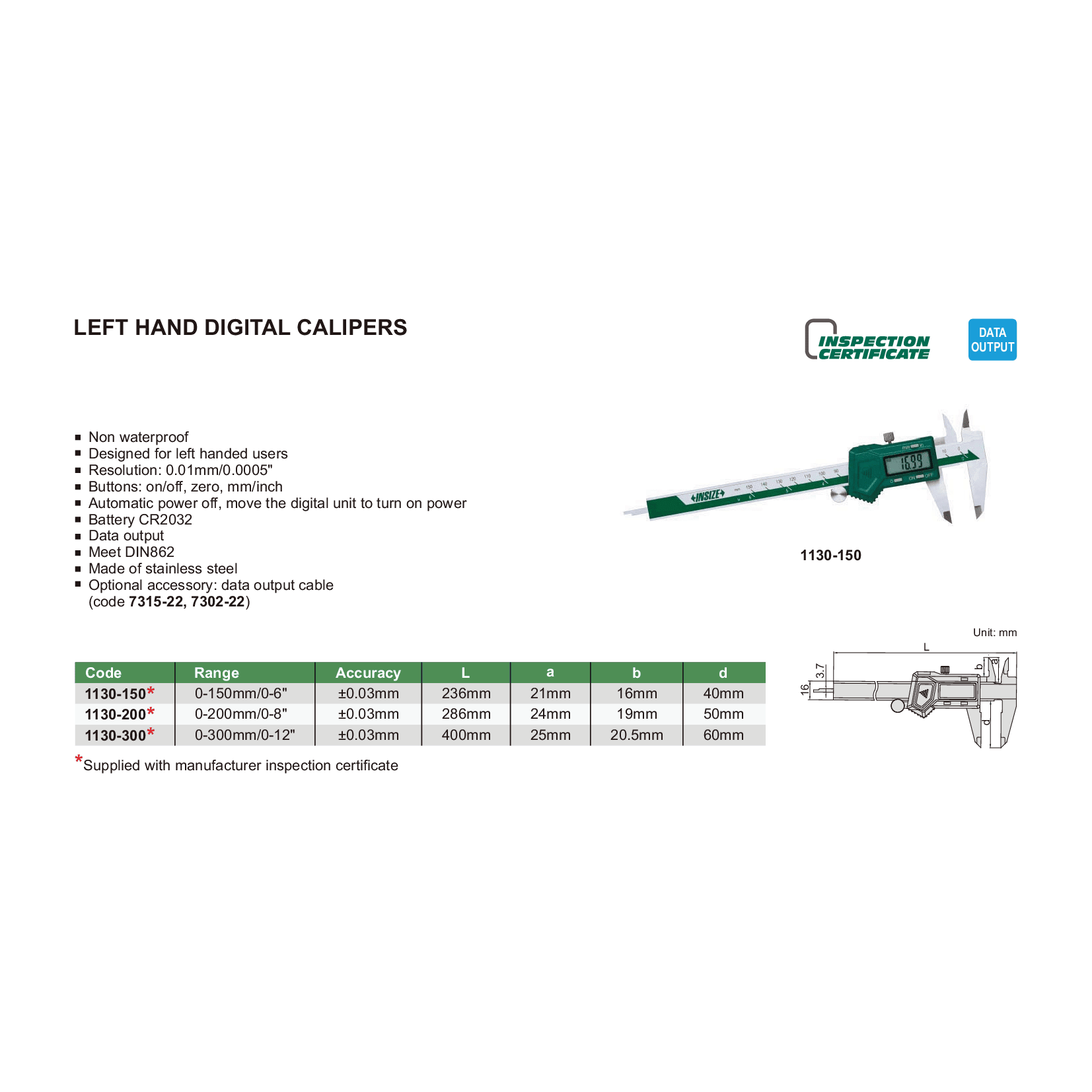 Insize Left Hand Digital Caliper 0-300mm/0-12" Range Series 1130-300 - Twin Eagle Imports