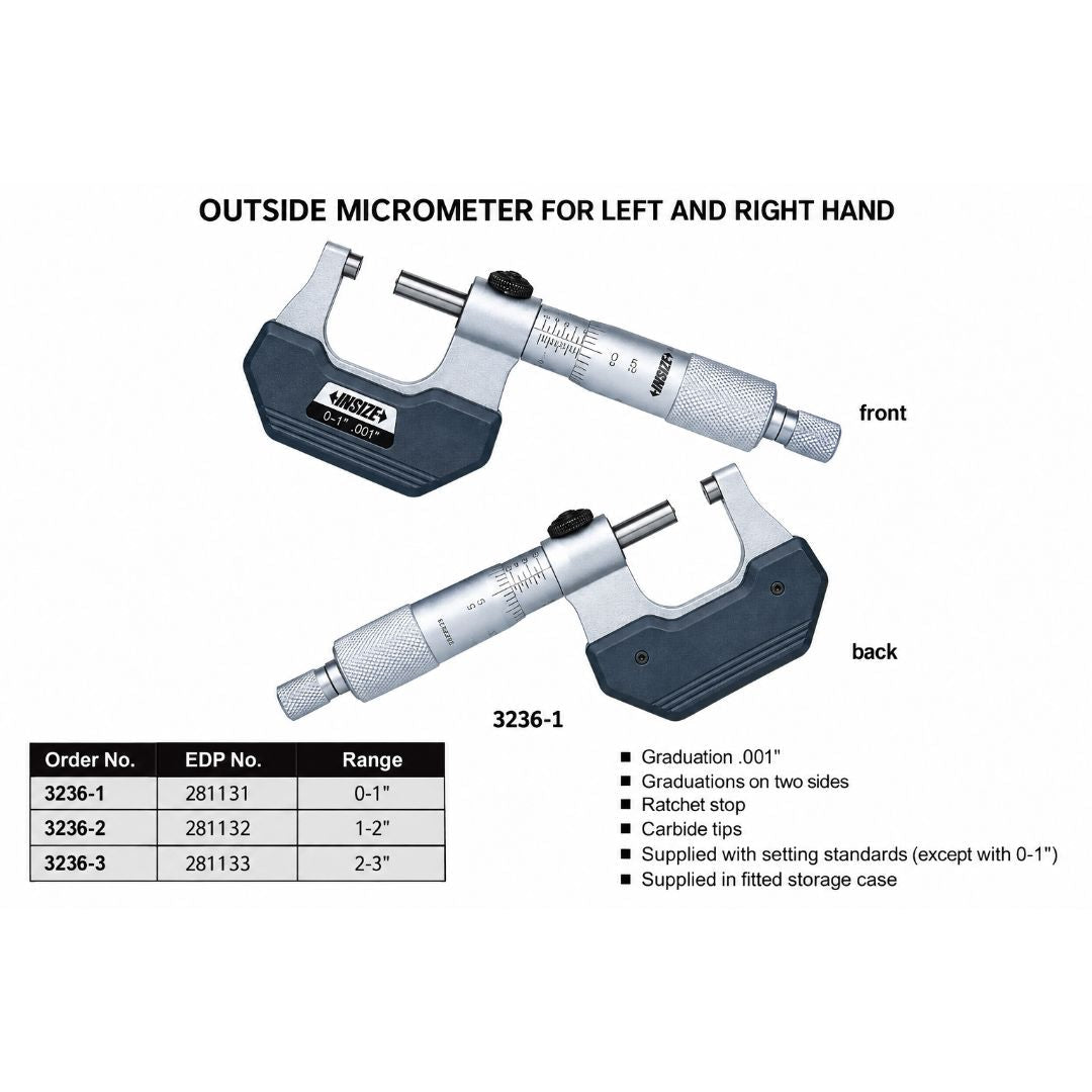 Insize Left Hand/Right Hand Outside Micrometer 2-3" Range Series 3236-3 - Twin Eagle Imports
