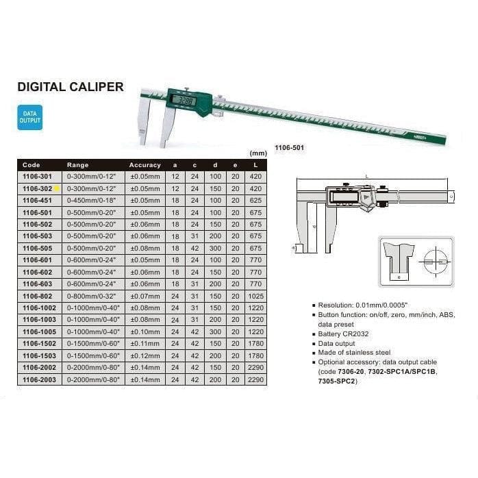 Insize Long Jaw Digital Caliper 0-300mm / 0-12" Range Series 1106-302 - Twin Eagle Imports