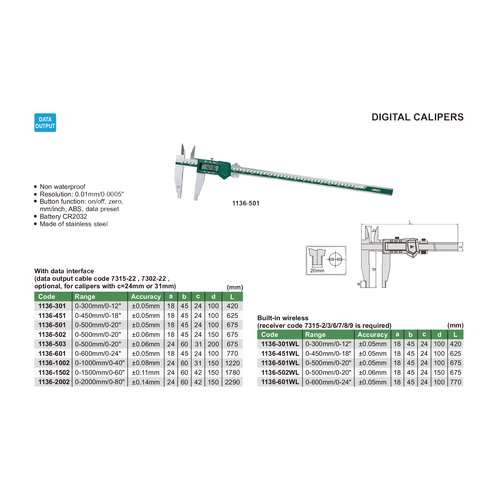 Insize Long Jaw Digital Caliper 0–450 mm / 0–18 Series 1136-451 - Twin Eagle Imports