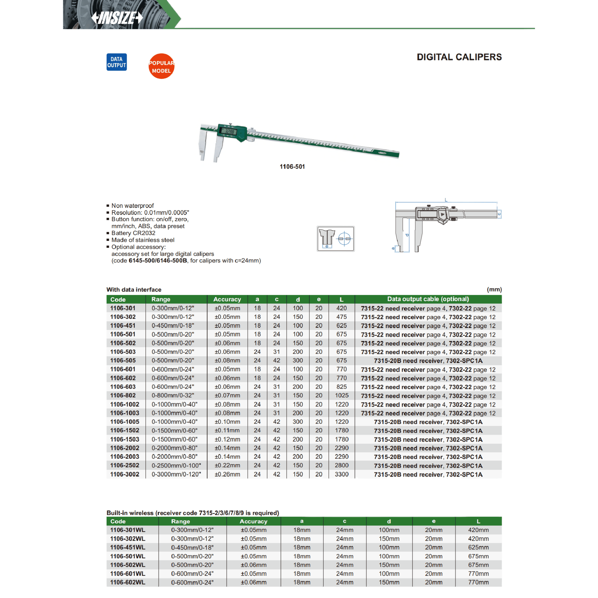 Insize Long Jaw Digital Caliper 0–500 mm / 0–20" (Jaw L 150 mm) Series 1106-502 - Twin Eagle Imports
