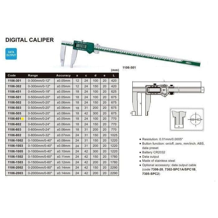 Insize Long Jaw Digital Caliper 0- 500mm / 0-20" Range Series 1106-501 - Twin Eagle Imports