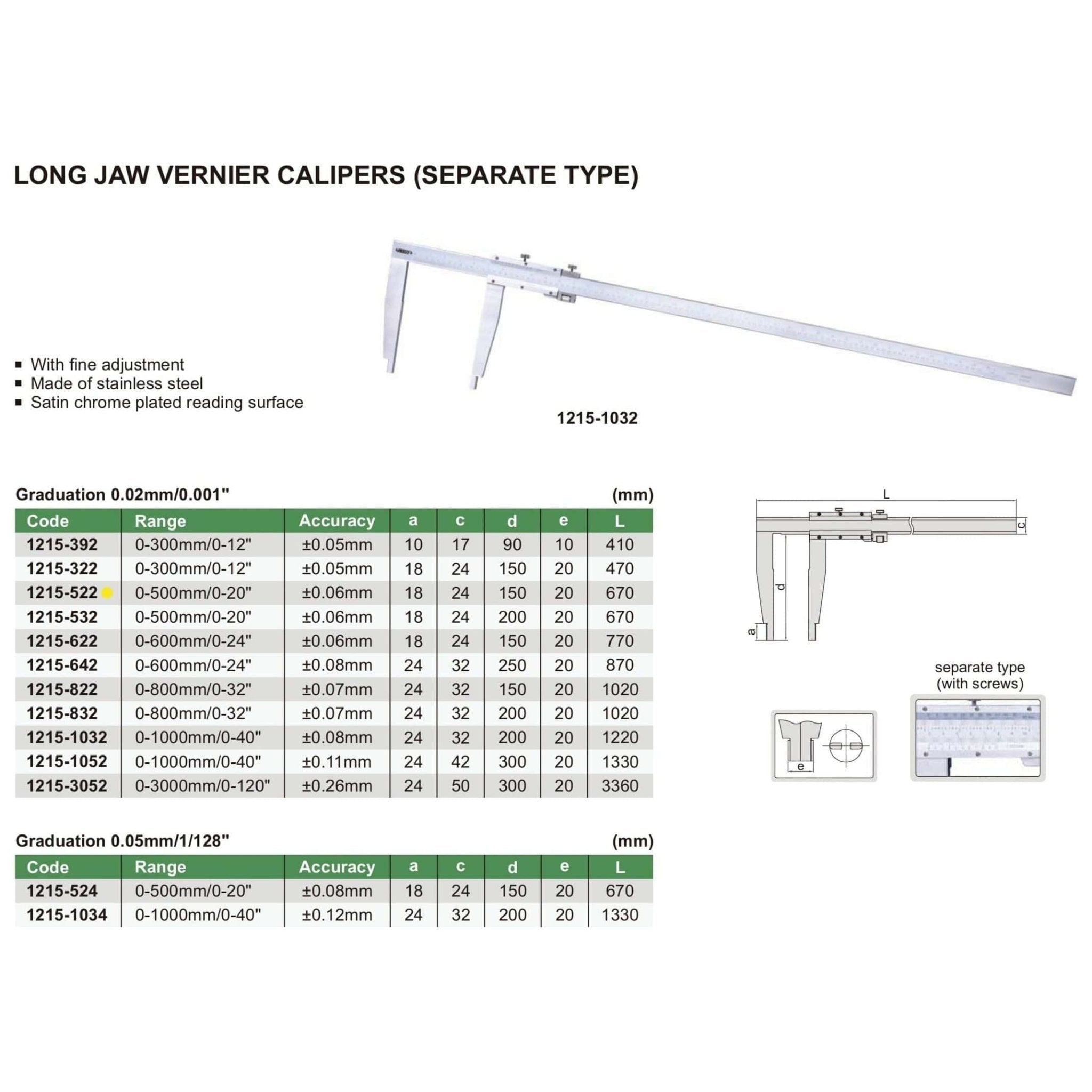 Insize Long Jaw Vernier Caliper 0-500mm/0-20" Range Series 1215-522 - Twin Eagle Imports