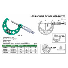 Insize Long Spindle Outside Micrometer 25-50mm Range Series 3209-50 - Twin Eagle Imports