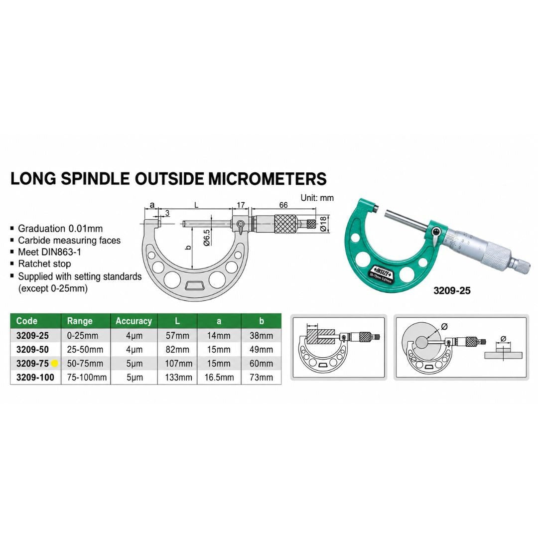 Insize Long Spindle Outside Micrometer 50-75mm Range Series 3209-75 - Twin Eagle Imports