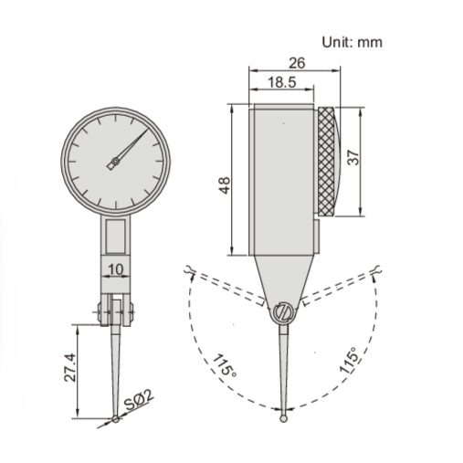 Insize Long Stylus Dial Test Indicator 0.8mm x 0.01mm Range Series 2383-08A - Twin Eagle Imports
