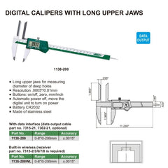 Insize Long Upper Jaws Digital Caliper 0-8"/0-200mm Range Series 1138-200 - Twin Eagle Imports