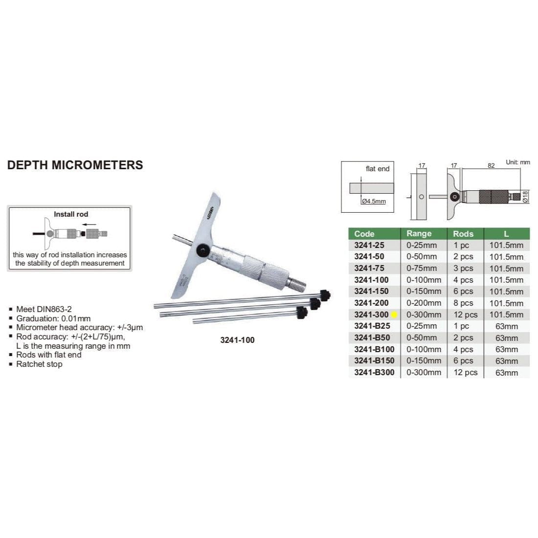 INSIZE Measuring Equipment Insize 12pc Metric Depth Micrometer 0-300mm Range Series 3241-300