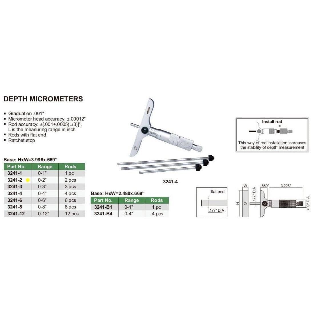 INSIZE Measuring Equipment Insize 2pc Imperial Depth Micrometer 0-2" Range Series 3241-2
