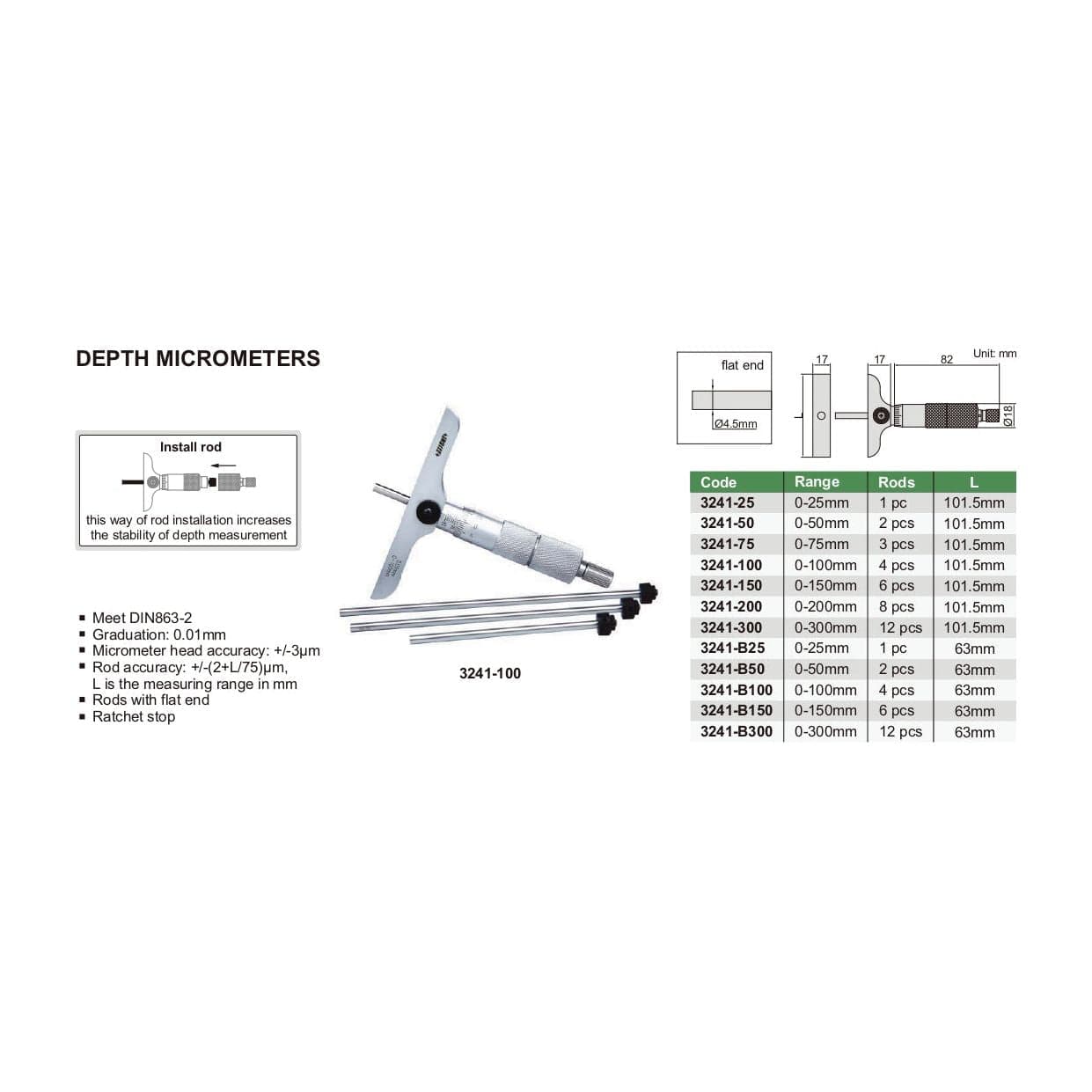 INSIZE Measuring Equipment Insize 2pc Metric Depth Micrometer 0-50mm Range Series 3241-50