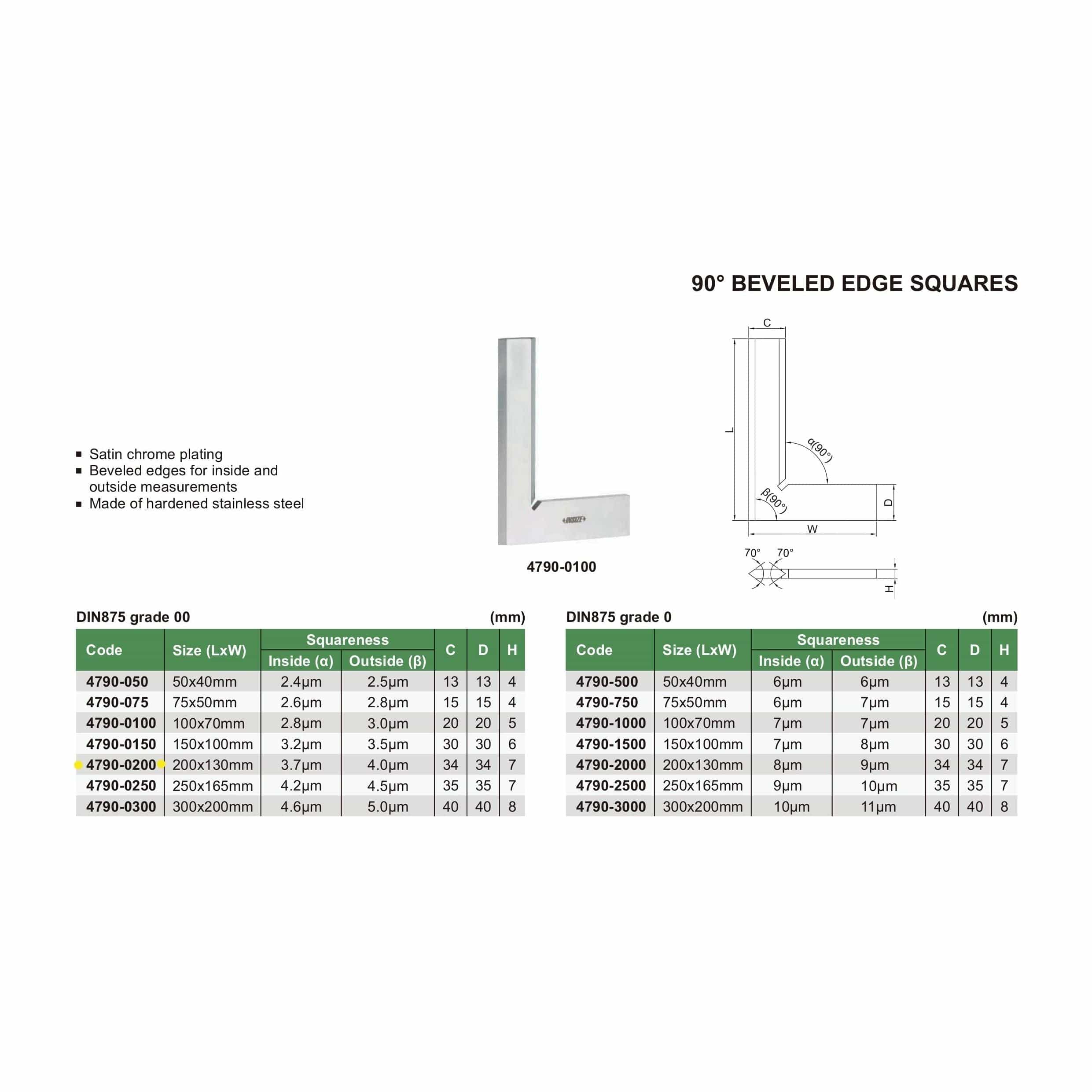 INSIZE Measuring Equipment Insize 90° Bevelled Edge Square 200x130mm Range Series 4790-0200