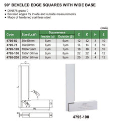 INSIZE Measuring Equipment Insize 90° Bevelled Edge Square 200x130mm Range Series 4795-200