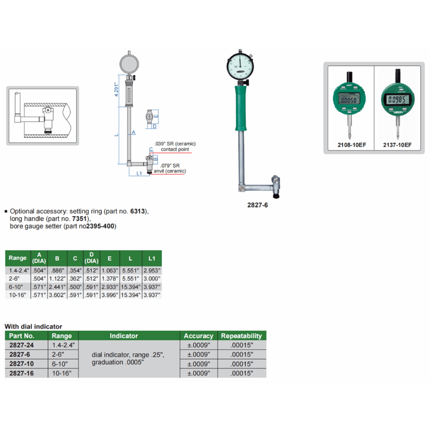 INSIZE MEASURING EQUIPMENT Insize Angle Mechanical Bore Gauge 2-6" Range Series 2827-6