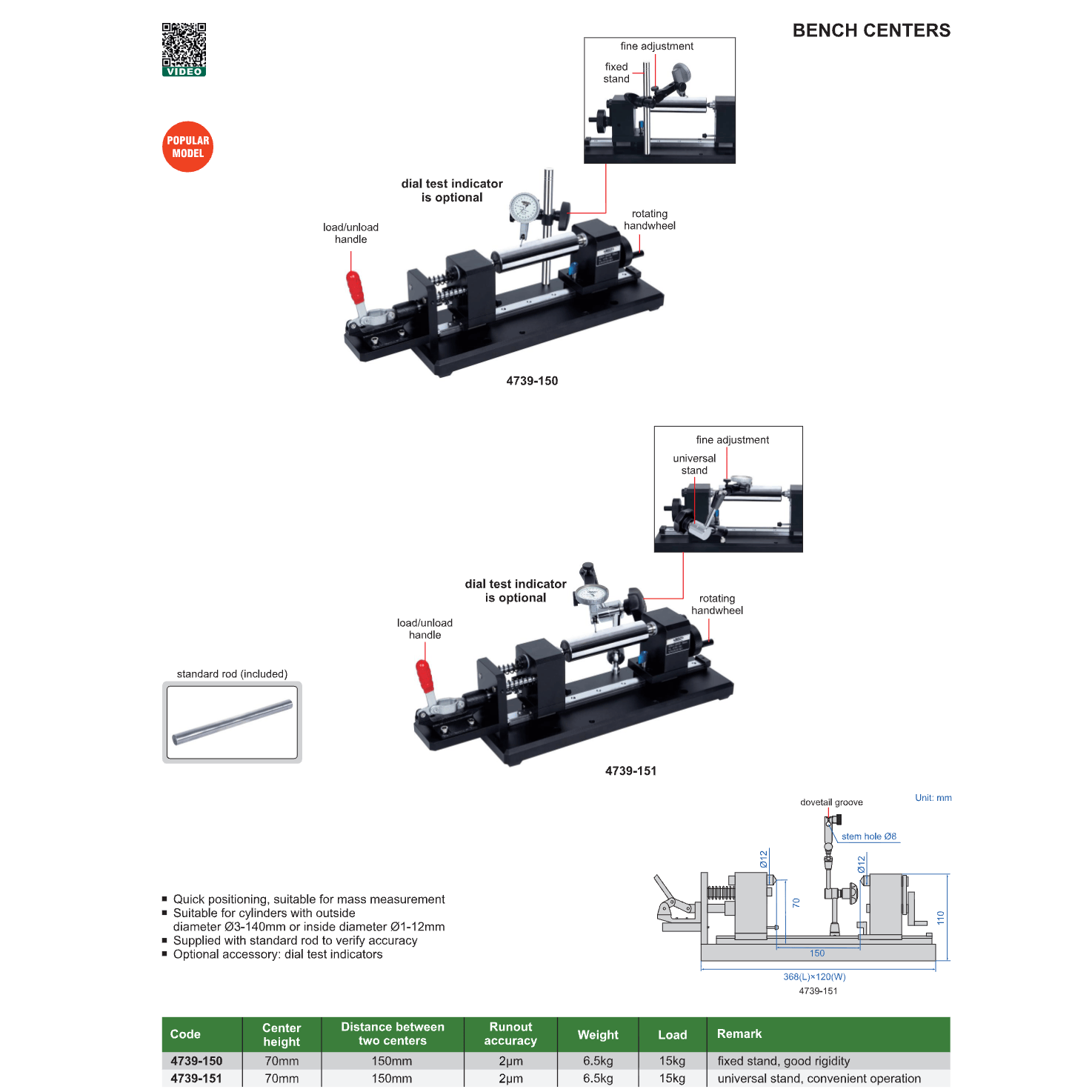 INSIZE MEASURING EQUIPMENT Insize Bench Centers 150mm Distance High Precision Series 4739-150