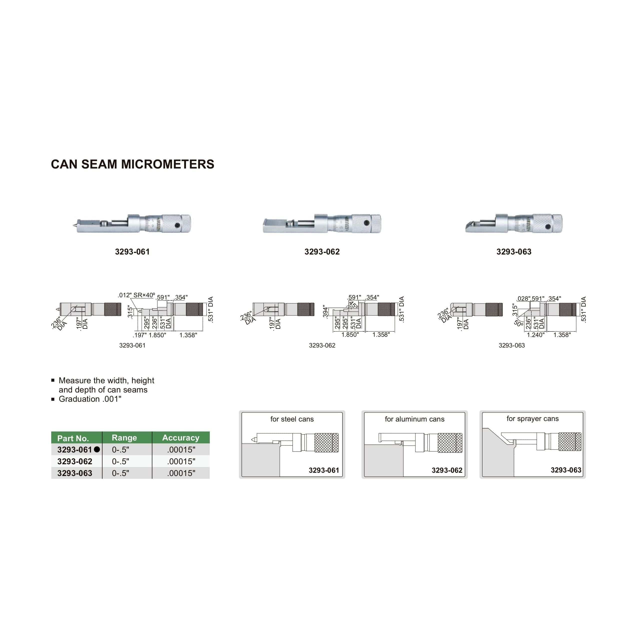 INSIZE Measuring Equipment Insize Can Seam Micrometer 0-0.6" Range Series 3293-061