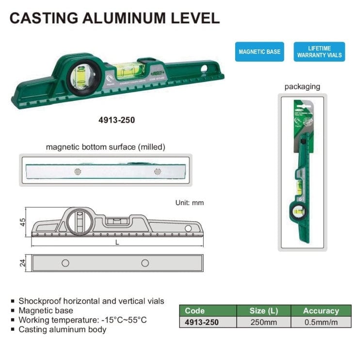 INSIZE Measuring Equipment Insize Cast Aluminum Level 250mm Range Series 4913-250