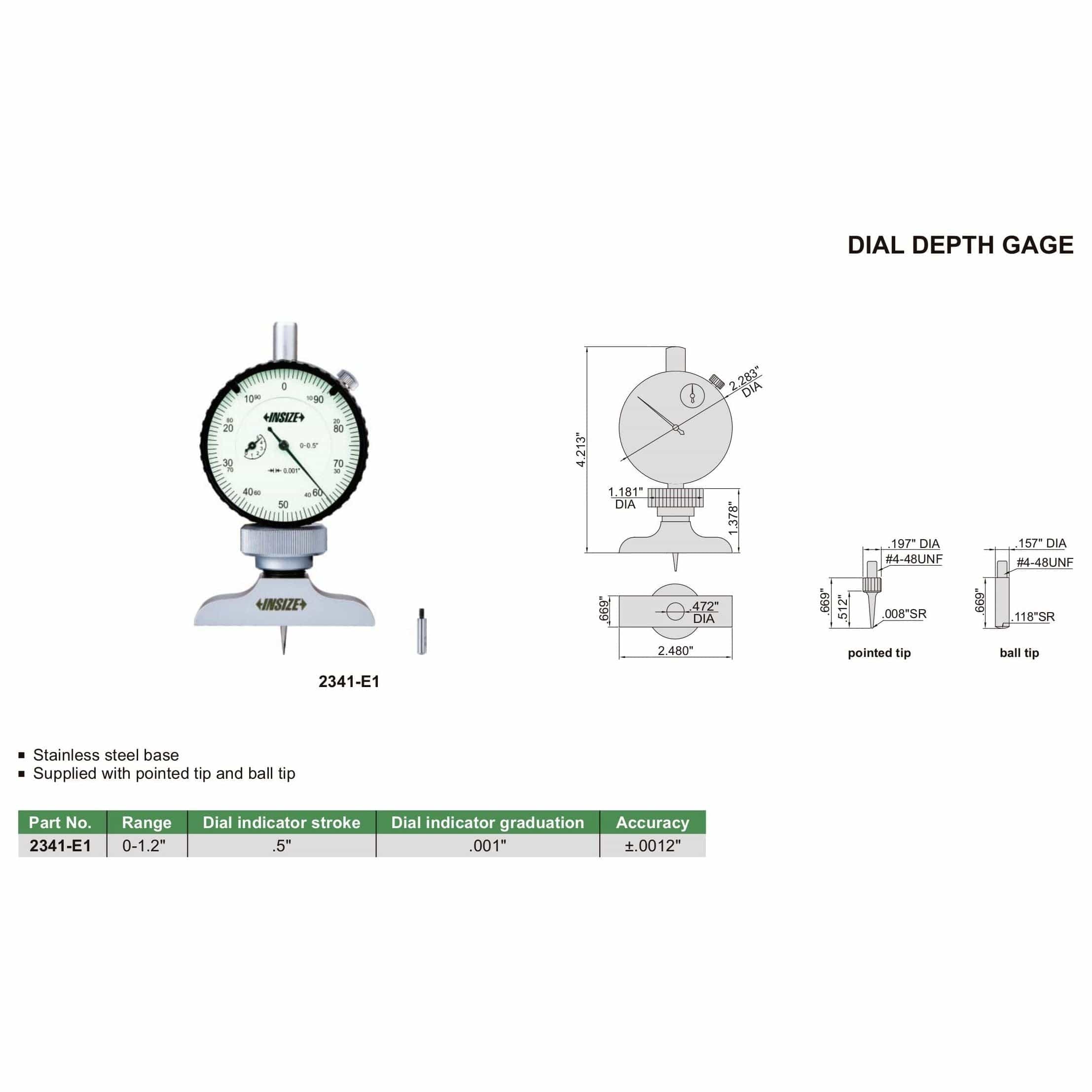 INSIZE Measuring Equipment Insize Dial Depth Gauge 0-1.2" Range Series 2341-E1