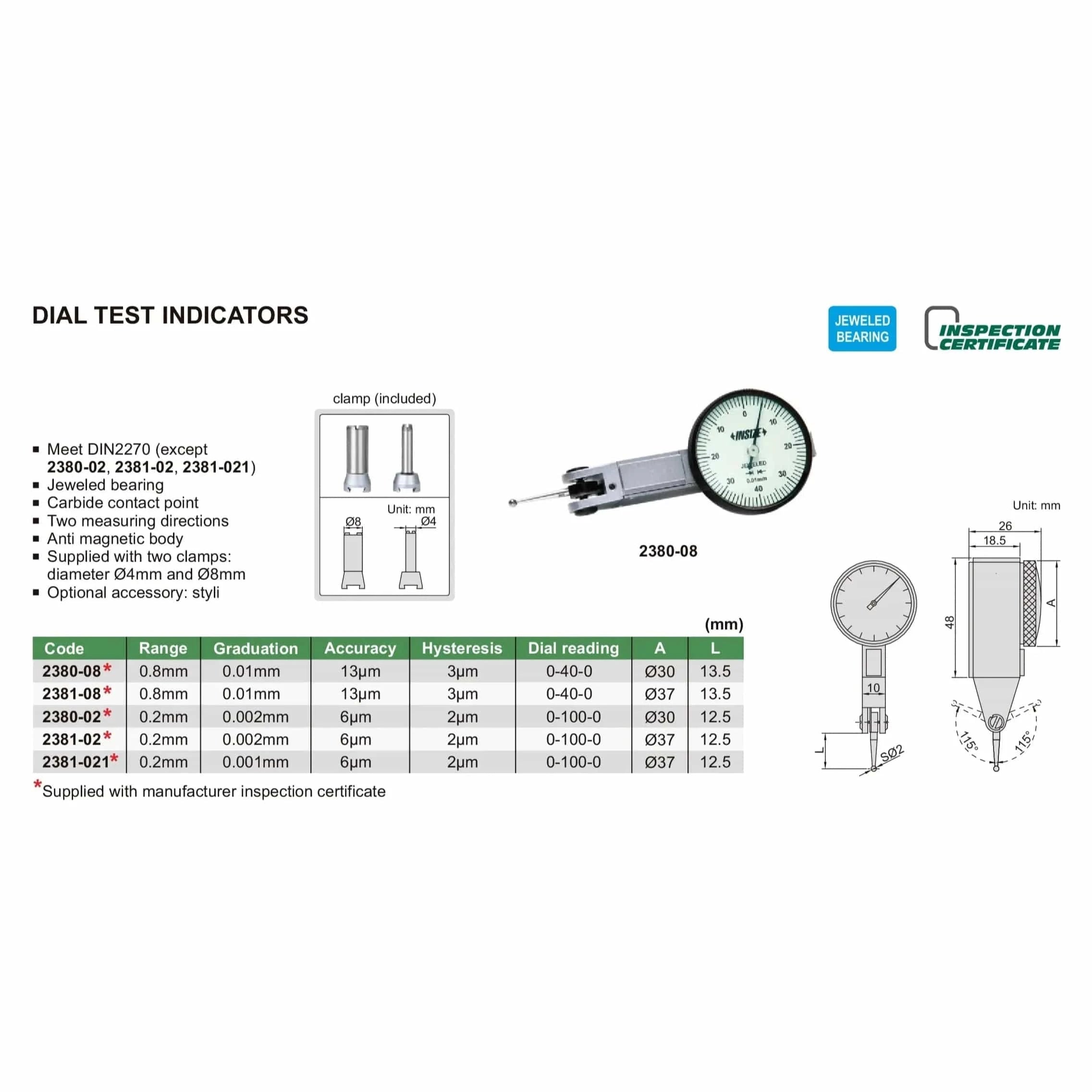 INSIZE MEASURING EQUIPMENT Insize Dial Test Indicator 0.8mm x 0.01mm Range Series 2381-08