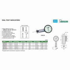 INSIZE MEASURING EQUIPMENT Insize Dial Test Indicator 0.8mm x 0.01mm Range Series 2381-08