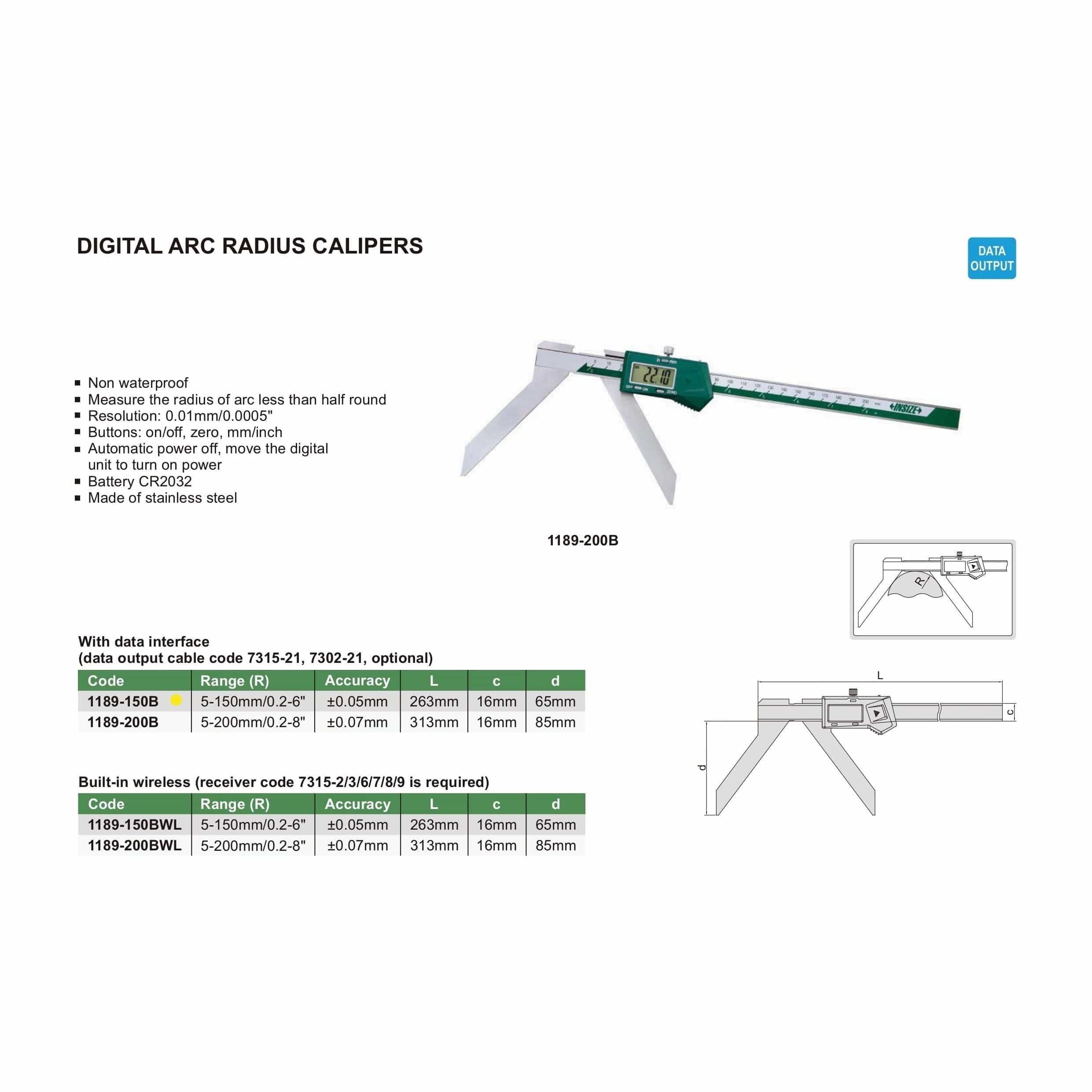 INSIZE Measuring Equipment Insize Digital Arc Radius Caliper 5-150mm/0.2-6" Range Series 1189-150B