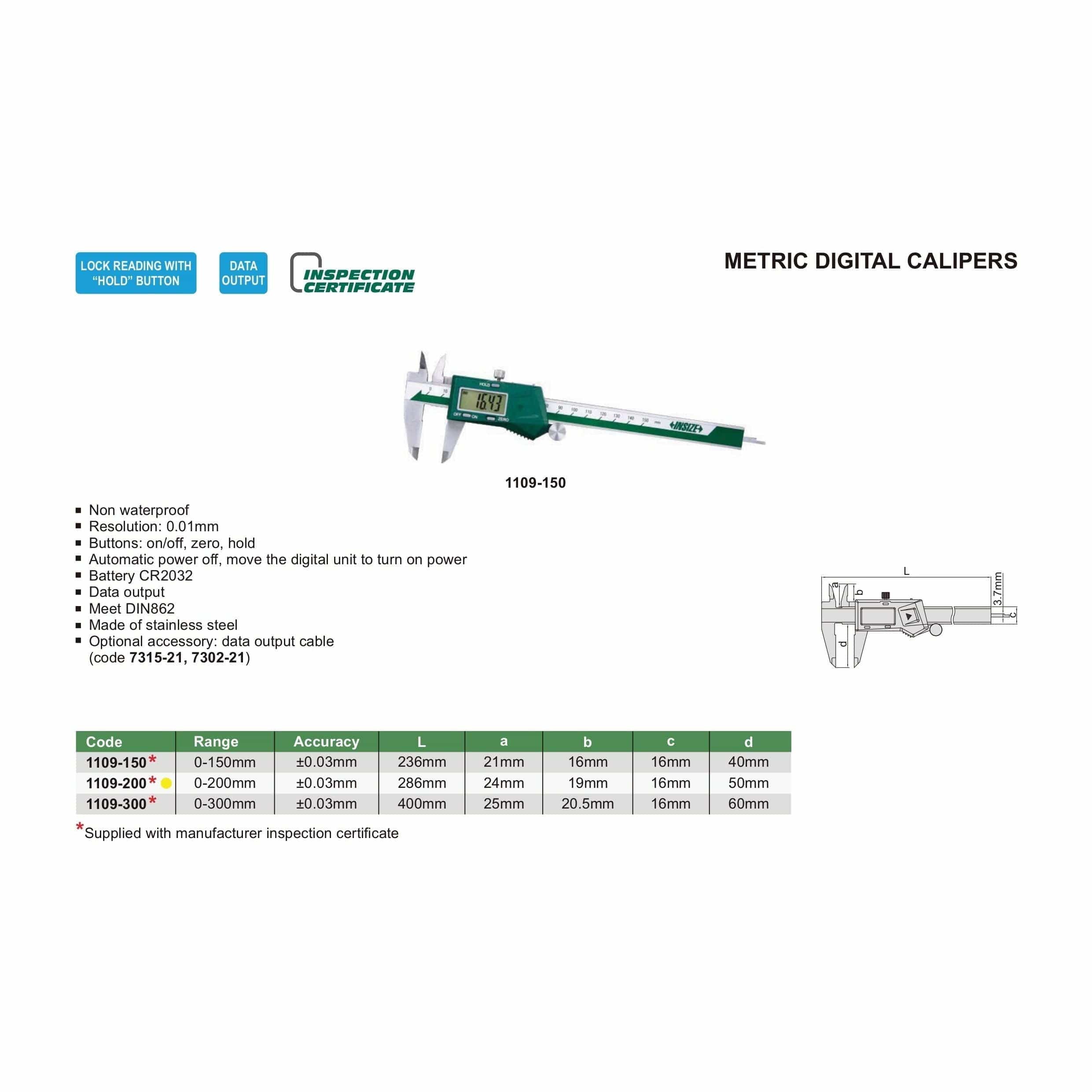 INSIZE Measuring Equipment Insize Digital Caliper 0-200mm Range Series 1109-200