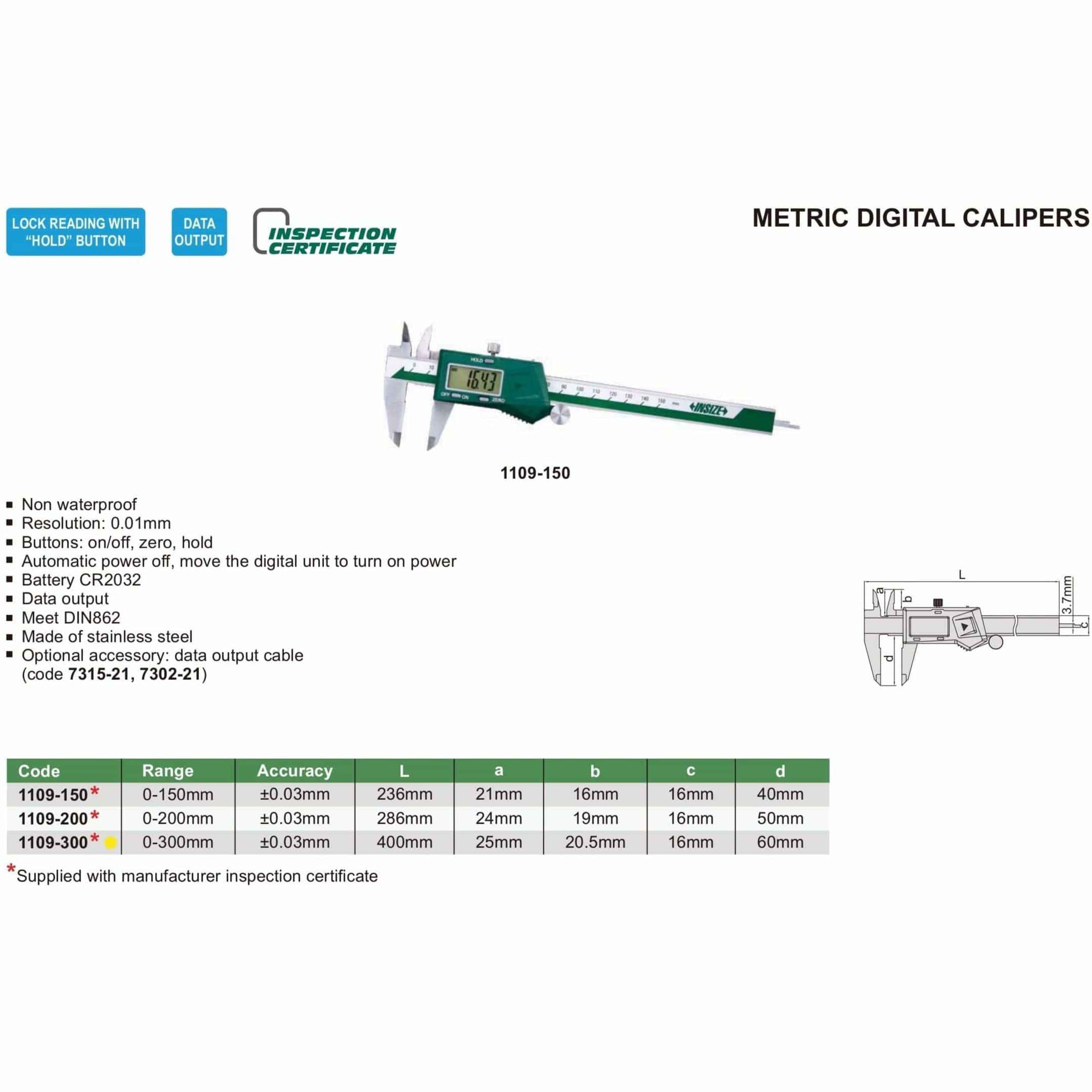 INSIZE Measuring Equipment Insize Digital Caliper 0-300mm Range Series 1109-300